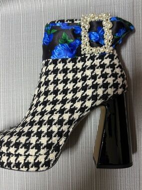 Betsey Johnson Houndstooth Pattern Ankle Boots with Blue Floral Trim